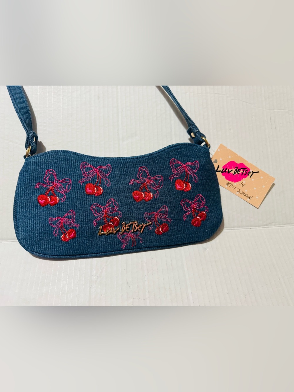 Betsey Johnson Carina Denim Cherry Bow Embroidered Shoulder Bag BNWT